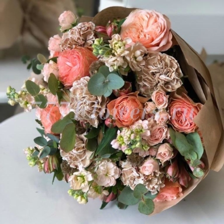 №1087 - Букет с сортовой розой, маттиолой и эвкалиптом - фото 777flowers