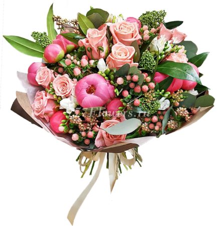 №1017 - Коралловый букет с пионами и розами - фото 777flowers