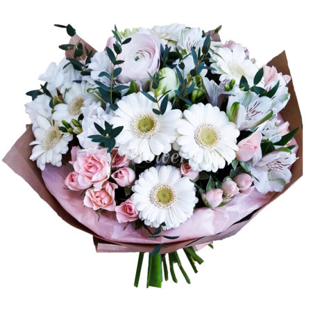 №1008 - Бело-розовый букет с кустовой розой и герберой - фото 777flowers