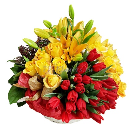 №4015 - Яркая корзина с розами и тюльпанами - фото 777flowers