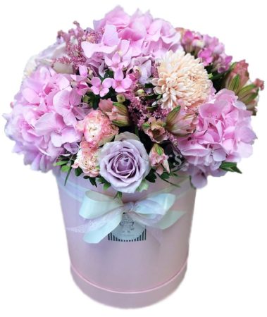№0514 - Круглая шляпная коробка в розовом цвете с гортензией - фото 777flowers