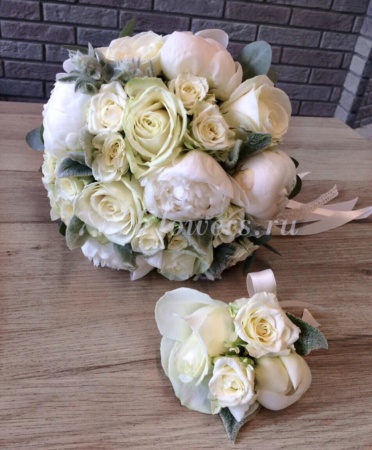 №2229 - Белый букет невесты с пионами и розами - фото 777flowers