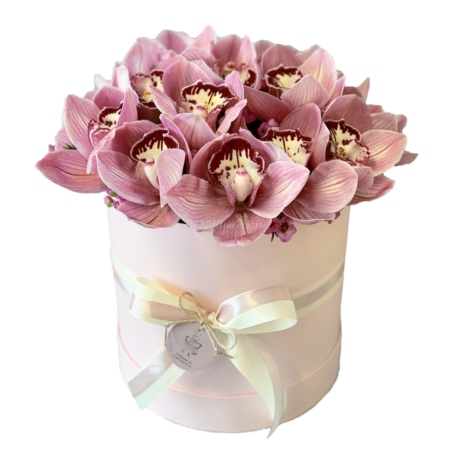 №0523 - Шляпная коробка с розовой орхидеей. Коллекция SoLucky - фото 777flowers