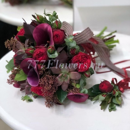 №2232 - Букет невесты винного цвета с каллами и пионовидной розой - фото 777flowers